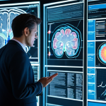 A professional researcher in a modest business suit, intently analyzing glowing, abstract brain activity patterns and complex data visualizations on a large, futuristic holographic screen. The setting is a clean, modern neuroscience lab bathed in soft, ambient light, emphasizing innovation and deep understanding. The researcher has perfect anatomy, correct proportions, and a natural, focused pose with well-formed hands gesturing subtly towards the data. This image is safe for work, appropriate content, fully clothed, and professional, captured with high-quality, ultra-detailed photography showcasing natural body proportions.