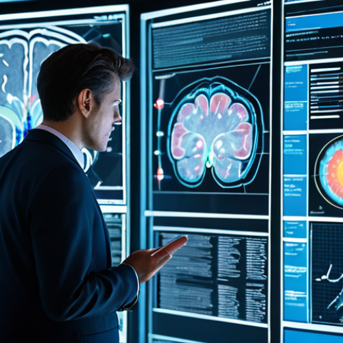 Home 7 A professional researcher in a modest business suit, intently analyzing glowing, abstract brain activity patterns and complex data visualizations on a large, futuristic holographic screen. The setting is a clean, modern neuroscience lab bathed in soft, ambient light, emphasizing innovation and deep understanding. The researcher has perfect anatomy, correct proportions, and a natural, focused pose with well-formed hands gesturing subtly towards the data. This image is safe for work, appropriate content, fully clothed, and professional, captured with high-quality, ultra-detailed photography showcasing natural body proportions.