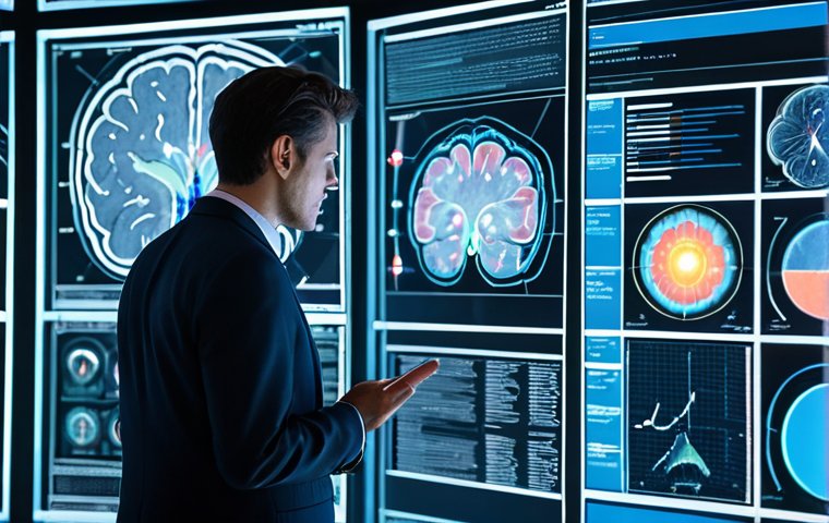 A professional researcher in a modest business suit, intently analyzing glowing, abstract brain activity patterns and complex data visualizations on a large, futuristic holographic screen. The setting is a clean, modern neuroscience lab bathed in soft, ambient light, emphasizing innovation and deep understanding. The researcher has perfect anatomy, correct proportions, and a natural, focused pose with well-formed hands gesturing subtly towards the data. This image is safe for work, appropriate content, fully clothed, and professional, captured with high-quality, ultra-detailed photography showcasing natural body proportions.