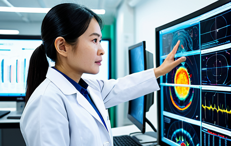 A professional Vietnamese female scientist in a modest, clean lab coat, standing in a brightly lit, modern neuromarketing laboratory. She is intensely focused on a large, futuristic holographic display that presents intricate brainwave patterns and eye-tracking heatmaps. Advanced scientific equipment and computer screens showing data are visible in the background. The atmosphere is intellectual and cutting-edge. The subject exhibits perfect anatomy, correct proportions, well-formed hands, proper finger count, and a natural pose. This image is safe for work, appropriate content, fully clothed, and professional.