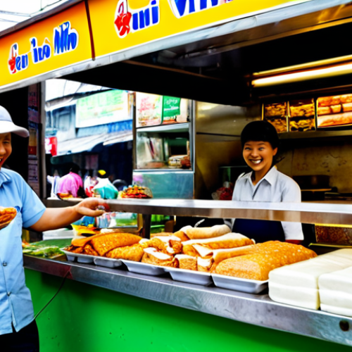 Colorful Banh Mi Stall**

"A vibrant, bustling scene at a Vietnamese Banh Mi street food stall. The vendor is smiling and handing a Banh Mi to a customer. The stall is decorated with bright colors, local advertisements (appropriate for Vietnam), and delicious-looking ingredients. The scene should evoke a sense of energy and deliciousness. safe for work, appropriate content, fully clothed, professional photography, natural proportions, family-friendly."

**