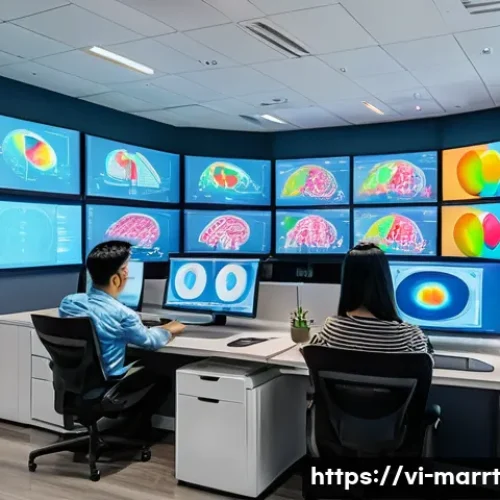 뉴로마케팅의 최신 트렌드와 미래 전망 - A modern Vietnamese marketing office scene featuring a diverse team of professionals analyzing color...