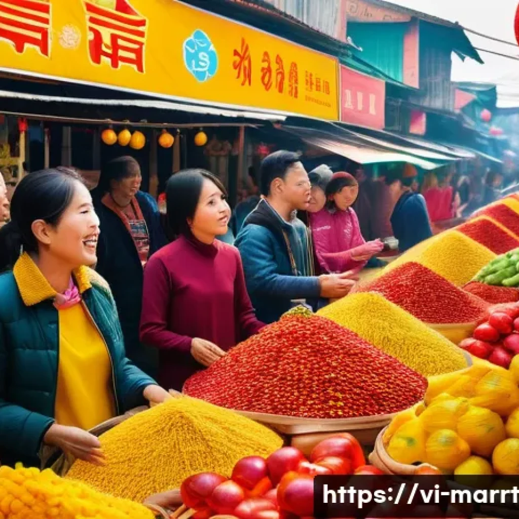 뉴로마케팅 기법을 적용한 광고 캠페인 설계 - A vibrant Vietnamese outdoor market scene during Tet festival, bustling with diverse customers inter...