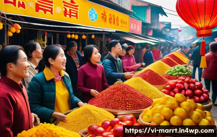 뉴로마케팅 기법을 적용한 광고 캠페인 설계 - A vibrant Vietnamese outdoor market scene during Tet festival, bustling with diverse customers inter...